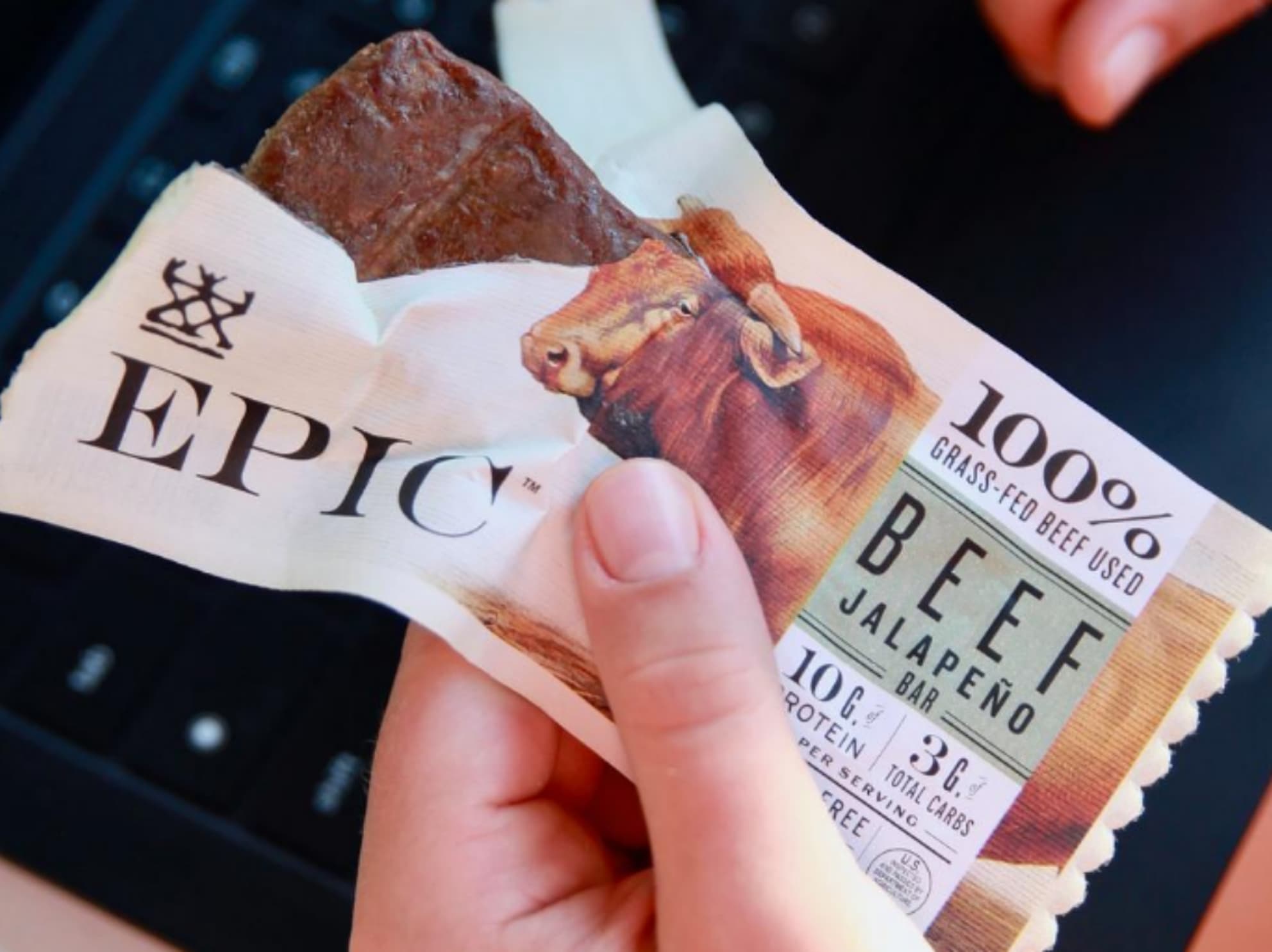 EPIC beef jalapeno bar in hand